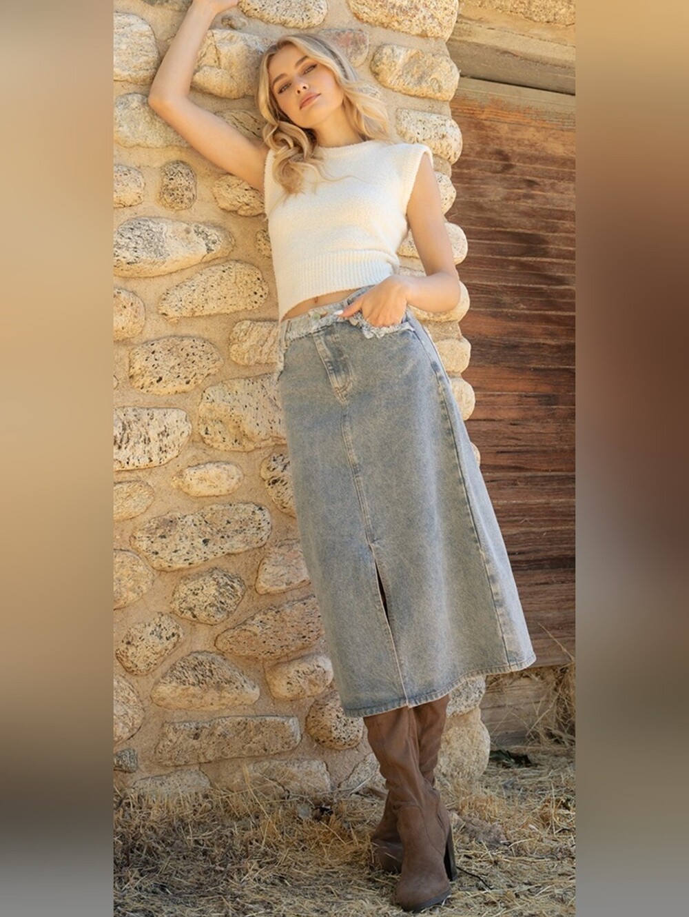 She + Sky Light Blue Denim Midi Skirt with Front Slit